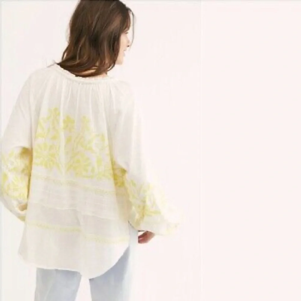 Free People White and Yellow Boho Flowy Top sz S